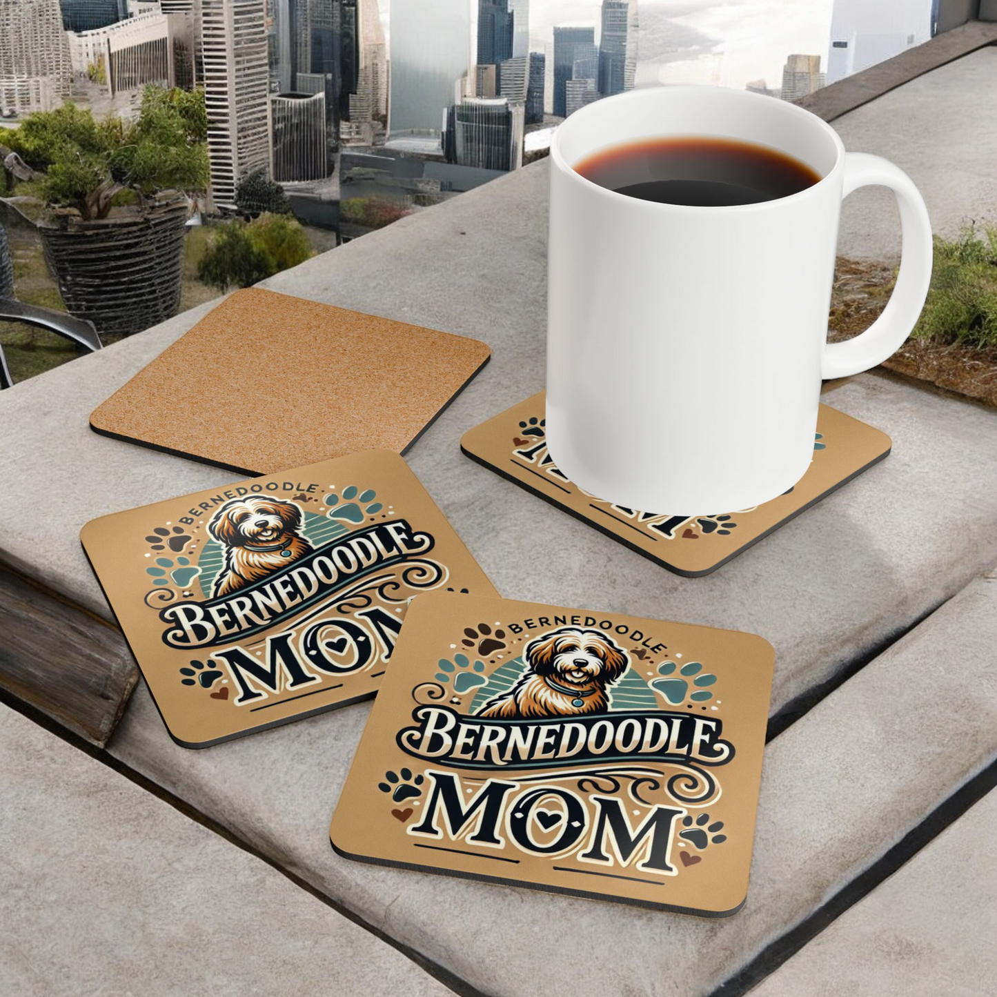 Bernedoodle Coasters, Dog Corkwood Coaster Set