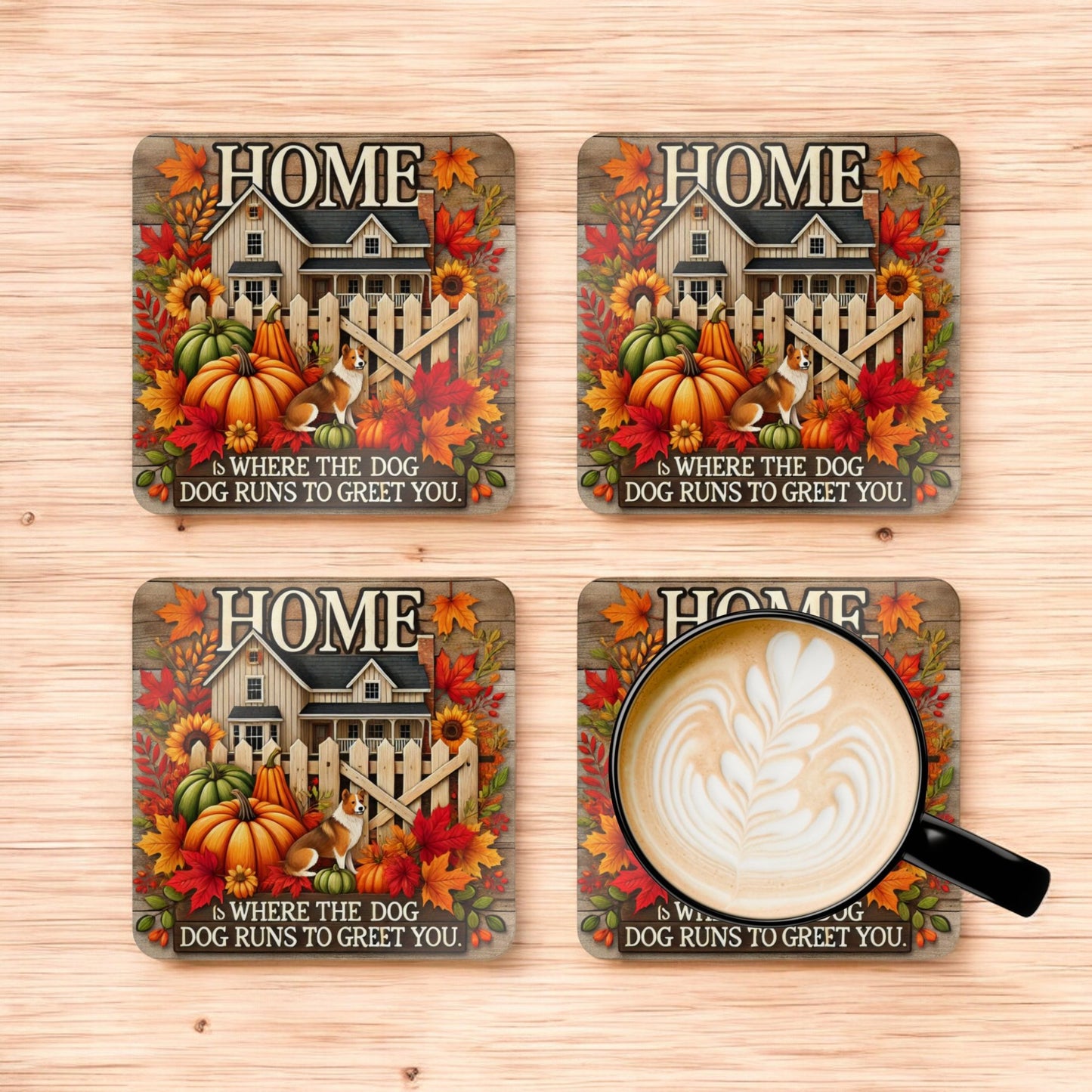 Fall Dog Themed Coasters, Home is Where the Dog Runs to Greet You Coaster Set