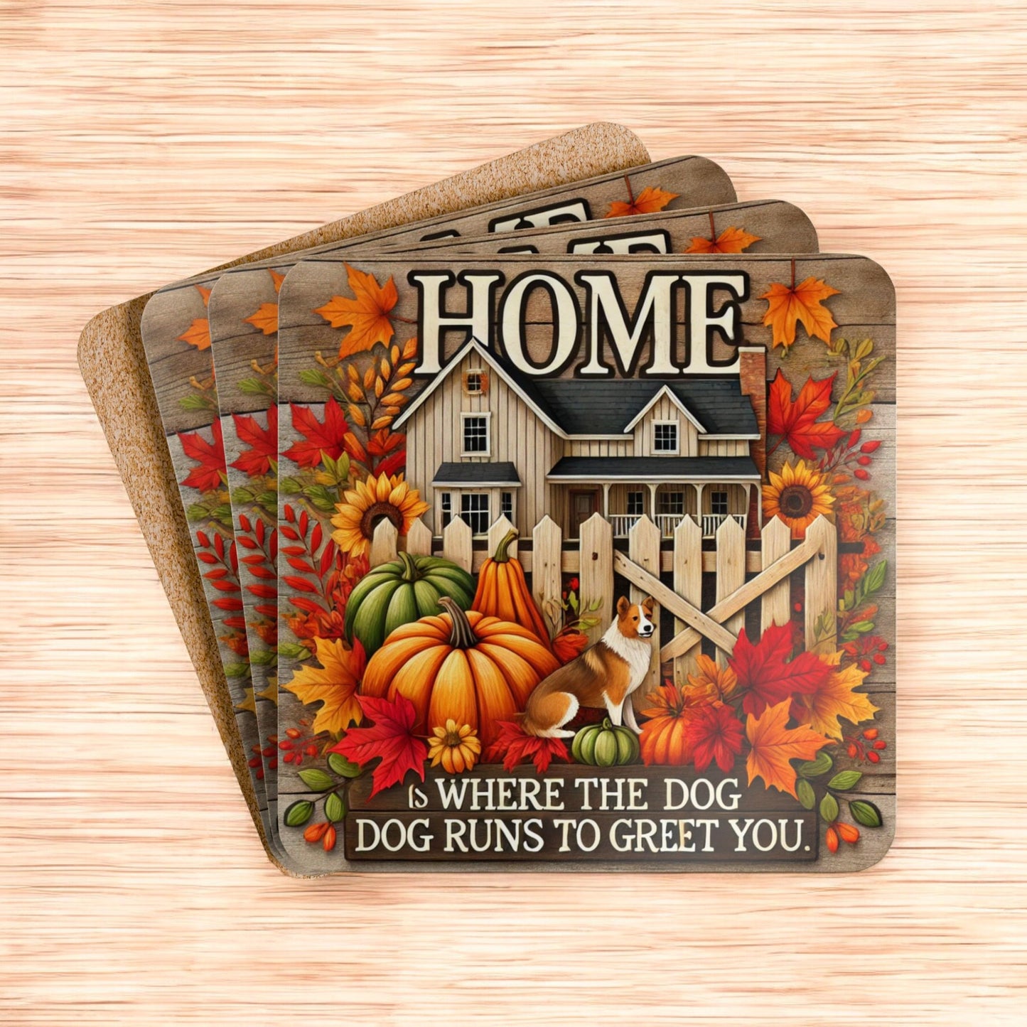 Fall Dog Themed Coasters, Home is Where the Dog Runs to Greet You Coaster Set