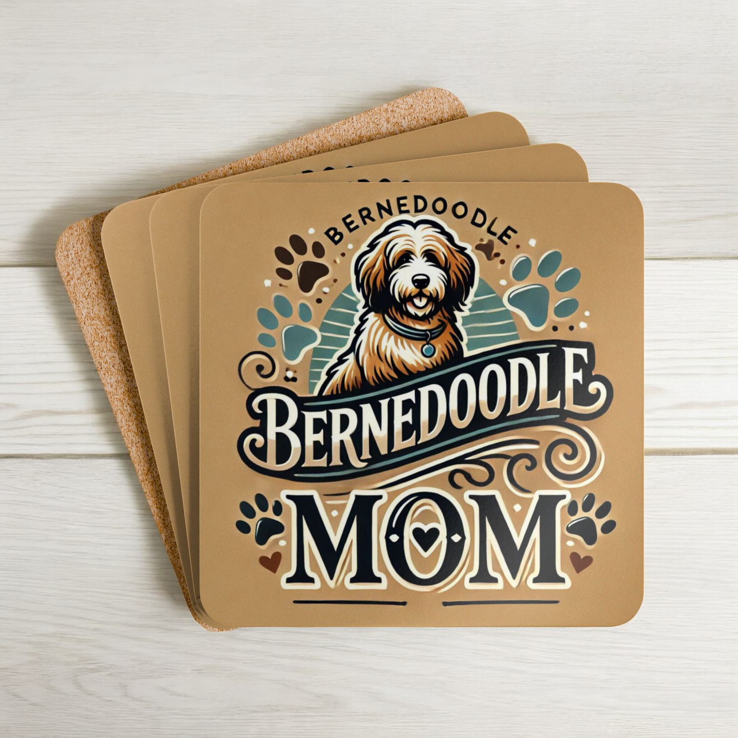 Bernedoodle Coasters, Dog Corkwood Coaster Set