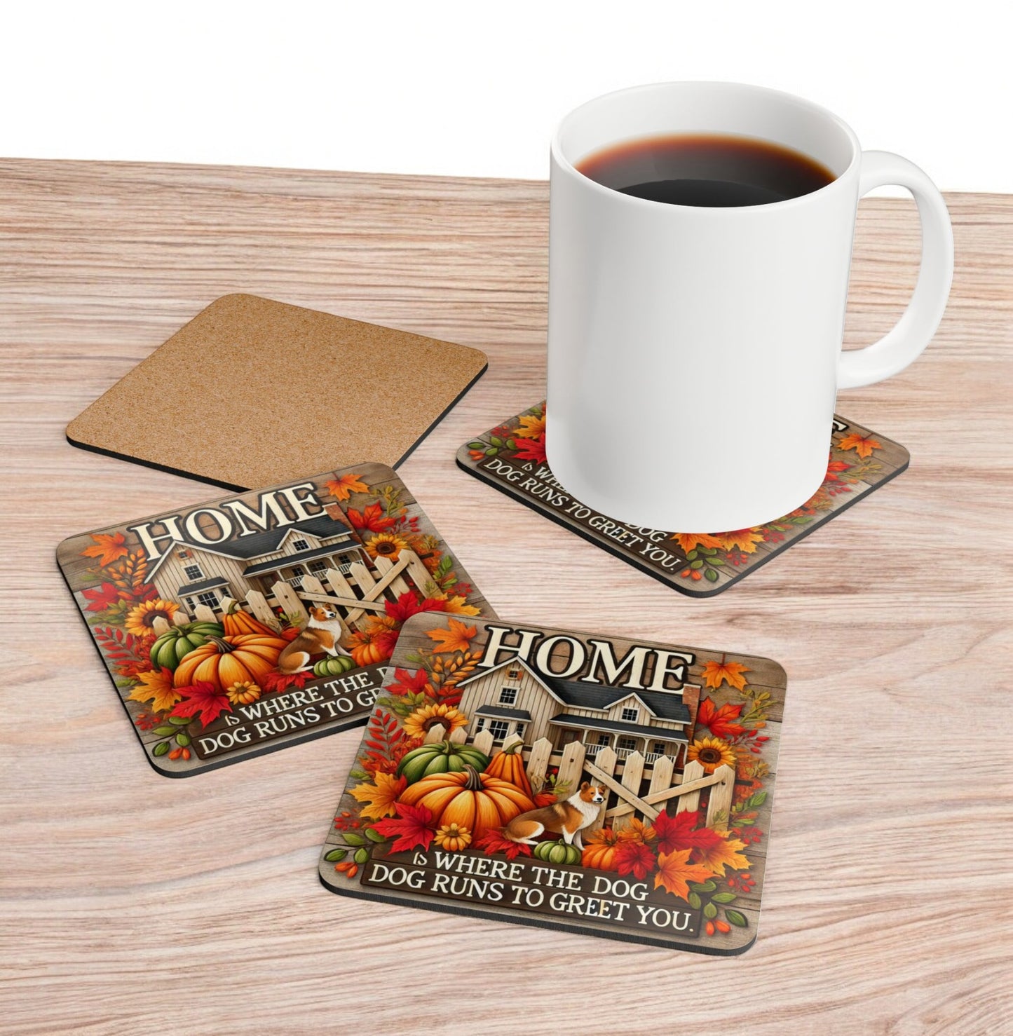 Fall Dog Themed Coasters, Home is Where the Dog Runs to Greet You Coaster Set