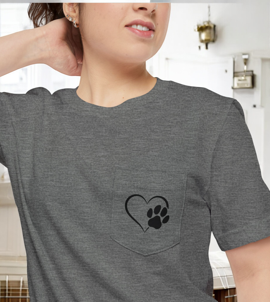 Dog Themed Pocket T-shirt, Unisex for Men and Women, Heart and Paw Print, Heart and Pawprint