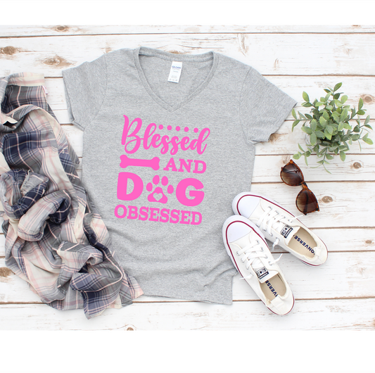 Women's Deep V-neck Tshirt Blessed and Dog Obsessed