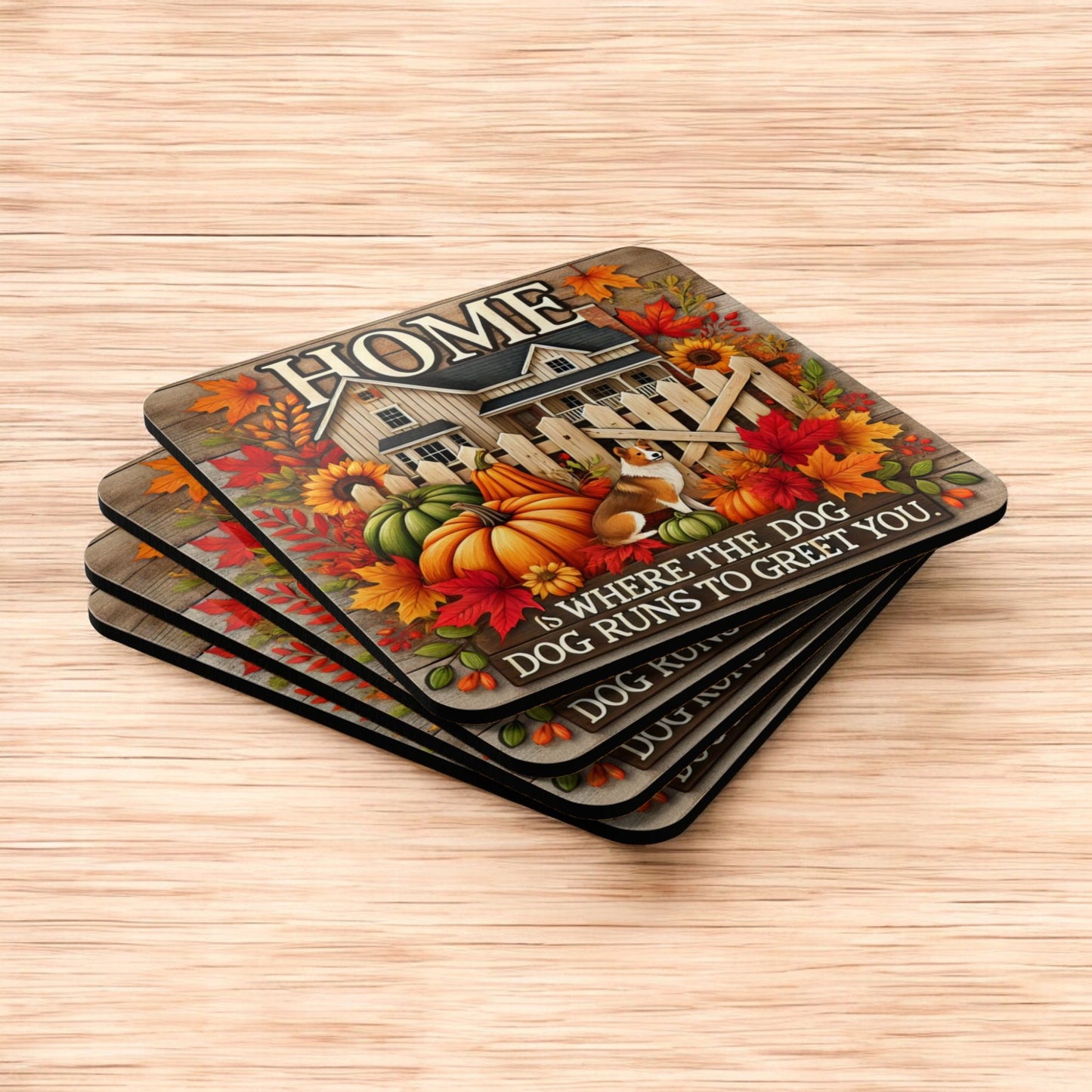 Fall Dog Themed Coasters, Home is Where the Dog Runs to Greet You Coaster Set