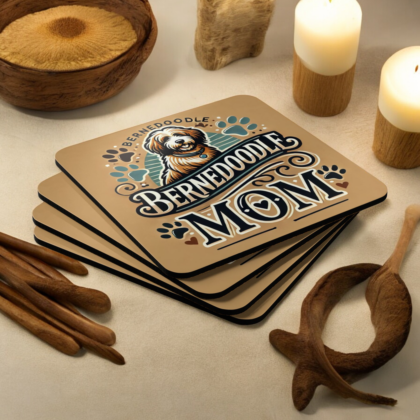 Bernedoodle Coasters, Dog Corkwood Coaster Set