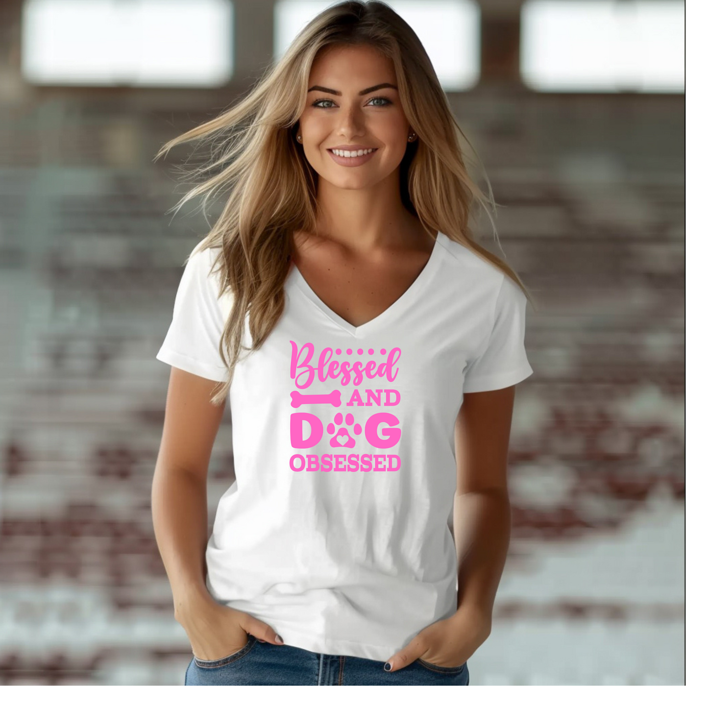 Women's Deep V-neck Tshirt Blessed and Dog Obsessed