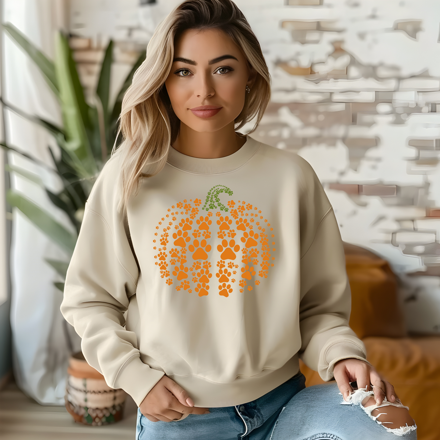 Pumpkin Dog Paw Print Themed Sweatshirt, Unisex